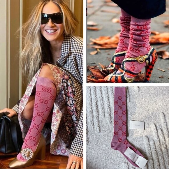 Gucci Supreme Lamé GG Long Socks Roseate Pink Women's Size S